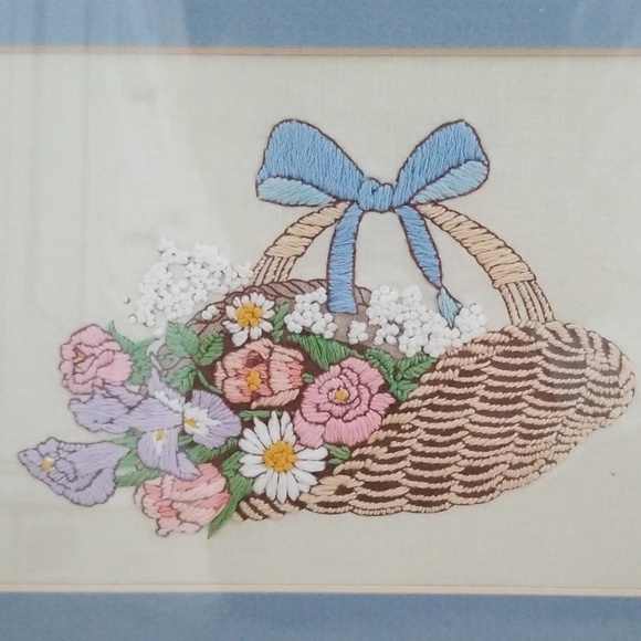 Basket Of Wildflowers Hand Made Framed Needlework - Picture 2 of 8